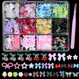 Cherry Nail Charms Gems and Flower Bows, Colorful Camellia Bowknot Flowers Hollow Star Heart Moon Butterfly Bear 3D Nail charms Silver Cherry Nail Art Rhinestones Charms for Nail Art DIY Design