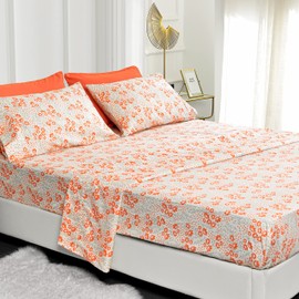 American Home Collection 6 Piece Print Bedding Sheets & Pillowcases Set Brushed Microfiber Wrinkle Free 14 Inches Deep Pocket Coral Patterned Sheets (Queen, Peach Floral)
