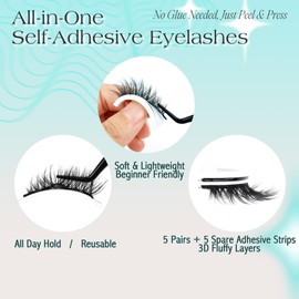 Self Adhesive Eyelashes Short 8-14mm Natural Self Adhesive Lashes No Glue Needed Invisible Band Reusable Press On Lashes Cat Eye Pre Glued Mink Lashes 5 Pairs False Lashes by Bepholan(CVJ205)
