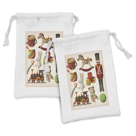 Lunarable Cartoon Fabric Pouch Set of 2, Vintage Wooden Toys Design Rocking Horse Blocks Doll Drum Train Retro Illustration, Small Drawstring Bag for Toiletries Masks and Favors, 9" x 6", Multicolor