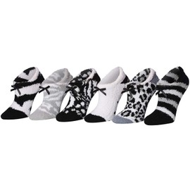 Tipi Toe Women's 6 Pairs Cozy Microfiber Anti-Skid Soft Leopard Cheetah Striped Pattern Black Grey White Colored Fuzzy Crew Socks, FZ36-T1