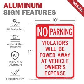 2 Pack No Parking Sign, Violators Will Be Towed Away at Vehicle Owner's Expense Sign, 10 x 14 Inches, Rust Free Aluminum, Reflective, UV Printed, Weather/Fade Resistant, Easy Mounting, Indoor/Outdoor