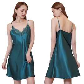 Loradouphi 220902 Women's Satin Half Slip V Neck Lace Decoration Babydoll Inner Camisole Camisole Dress Room Wear Slip, Smooth Touch, Sheer Prevention, green