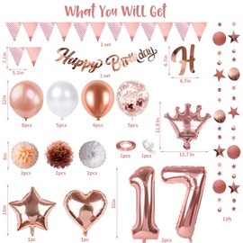 17th Birthday Decorations Girl, Rose Gold White Confetti 17th Birthday Balloons Happy Birthday Bunting Banner Paper Pom Poms with Circle Dot Garland for 17 Year Old Girls Birthday Party Decor Supplies
