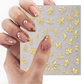 6 Sheets Gold Nail Stickers 3D Metallic Flower Leaf Nail Art Stickers 3D Self Adhesive Gold Nails Designs Accessories Cherry Blossom Flower Nails Decals for Women Girls DIY Summer Manicure Decoration