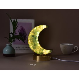 AMOYSTONE Natural Stone Led Lamp Crystal Night Lamp USB Power Rock Table Lamp Green Fluorite Tri-Color Bedside Light Crescent Shaped, Ambient Night Light Gift