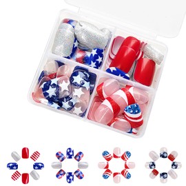 96Pcs Independence Day Press on Nails Short Square Stars Stripe Design French False Nails Artificial Acrylic Nails July 4th Fake Nails Full Cover Glossy Coffin Nails Glue on Nails for Women Festival
