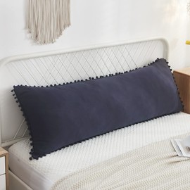 Blue Body Pillow Cover Shabby Chic Long Pillow Case Cover Navy Blue Pom Poms Fringe Body Pillow case with Pocket Closure 20x54 inches(Body,Navy Blue)