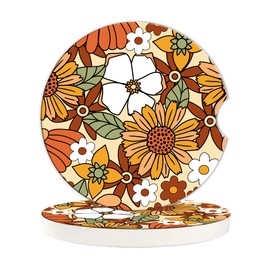 BAMOWEY Vintage Flowers Car Coaster for Cup Holders,2 Pack Absorbent Ceramic Car Cup Holder Coaster for Women Men,2.56 Inch with Finger Notch and Cork Base for Most Cars Interior