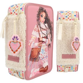 Depesche 12583 TOPModel Cosy - Filled 3-Compartment Pencil Case, Model Motif with Teddy Faux Fur, Pencil Case with Coloured Pencils, Ruler, Scissors and much more, Pink / Beige, Backpack