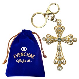 Evenchae Bejeweled Cross Keychain, Purse Jewelry, Filigreed, Gold-Tone - 6 in Long
