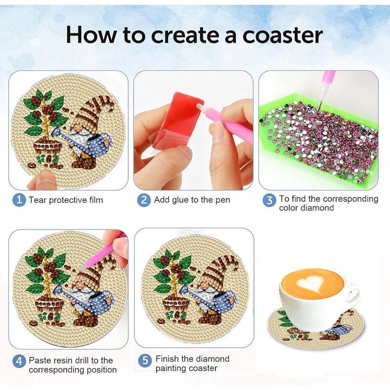 8 pcs 5D DIY Coffee Gnome Diamond Paintings Coasters with