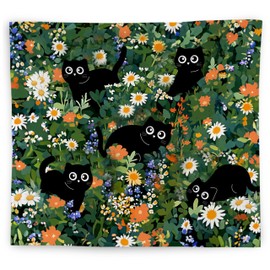 WNAGT Wildflower Black Cat Tapestry Wall Hanging, Cat Room Decor, Cute Black Kitten Cottagecore Floral Botanical Wall Blanket Decor for Home Living Room Girls Bedroom Dorm, 50x60 Inch