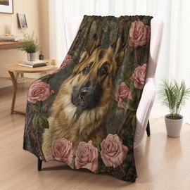 xmwjfd Majestic German Shepherd Blanket, Cozy Plush Dog and Pink Rose Throw Blanket for Couch Bedroom Outdoor, Lightweight Soft Flannel Travel Blankets, Gifts for Women Adults Kids, Warm Decor 50"×60"