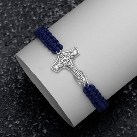 JENDEAR SHINE Thor's Hammer Bracelet for Men 925 Silver Adjustable Hand-Woven Rope Chain Vintage Men's Bracelet, Silver