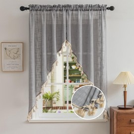 Beda Home Tassel Linen Textured Swag Curtain Valance for Farmhouses’ Kitchen; Light Filtering Rustic Short Swag Topper for Small Windows Bedroom Privacy Added Rod Pocket Design (36W x 63L, Grey)