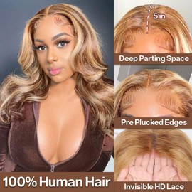 omswet Ombre Highlight Body Wave Bob Wig Human Hair 5x5 HD Lace Closure Wigs Human Hair Glueless Wigs Pre Plucked Wear and Go Wigs for Black Women 4/27 Highlight Human Hair Wig 200 Density 18 Inch