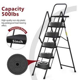 5-Step Folding Step Stool Ladder with Tool Tray, Wide Non-Slip Pedals, Sturdy Steel Frame, Convenient Handrails, Lightweight & Portable for Indoor & Outdoor Use