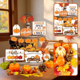 61 Pcs Thanksgiving Tiered Tray Decoration Fall Tiered Tray Decor Farmhouse Rustic Wooden Sign for Tabletop Kitchen Office Decorations
