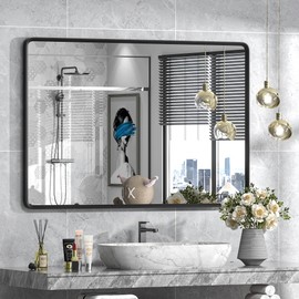 GOLOMO 48x32 Black Bathroom Mirror for Wall, Matte Black Metal Framed Rectangle Bathroom Vanity Mirror, Rounded Corner, Anti-Rust, Shatterproof (Horizontal/Vertical)