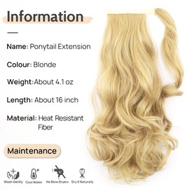 StrRid Blonde Ponytail Extension, Ponytail Extension Wrap Around Clip in Hair Extensions Ponytail 16" Curly Wavy Synthetic Ponytail Wig Fake Hair Fluffy Blonde Hair Pieces for Women 5 oz-Blonde