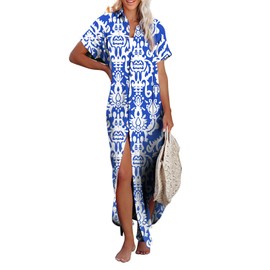 Herseas Beach Dresses for Women 2025 Vacation Casual Short Sleeve Side Split Button Down Long Kimonos Cardigans Bathing Suit Cover Ups Resort Outfits Blue Ethnic Patterns Medium 8 10