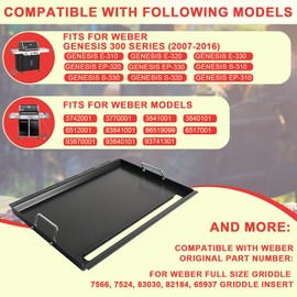 DcYourHome 7524 Griddle Insert for Weber Gas Grill Genesis 300 Griddle Genesis E310 S310 S320 E320 S330 EP320 EP310 EP330 Parts, Carbon Steel Full-Size Flat Top Griddle Plate with Handles, Heavy Steel