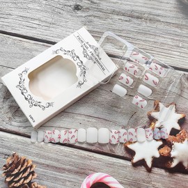 Christmas Press on Nails White Fake Nails Short Square False Nails with Candy Canes Designs Matte Full Cover Glue on Nails Cute Nails Press on Acrylic Nails Xmas Winter Stick on Nails for Women 24Pcs