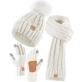 Womens Beanie Hat Scarf Gloves Set, Soft Fleece Lined Winter Hat with Pom Pom, Long Knit Scarf Neck Warmer Touchscreen Gloves for Cold Weather, 3 in 1 Warm Set (White)