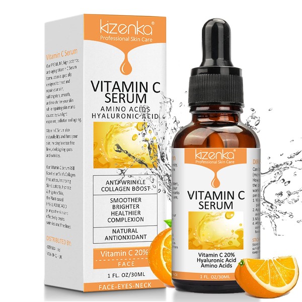 Kizenka Vitamin C Serum with Hyaluronic Acid, Anti-Ageing Wrinkle Face Serum, Retinol Serum, High Strength Hydrate and Whitening Remover Sunspot Facial Serum, Suitable for All Skin Types 30 ml