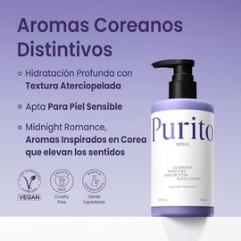 PURITO Crema Corporal Hidratante con Manteca de Karité - Loción Corporal Hidratación Profunda Piel Seca y Sensible - Aroma Midnight Romance Absorción 