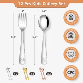 DRKIO Stainless Steel Toddler Utensils Set - 12 Pieces Kids Silverware Set Children Safe Food Grade Small Forks and Spoons Dishwasher Safe Mirror Polished