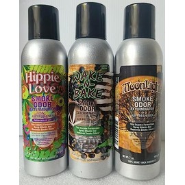 Smoke Odor Exterminator 198 gm/ 7 oz Large Spray Hippie Love Set of Three Cans. Assortment (3) Includes Hippie Love, Wake N Bake and Moonlight.