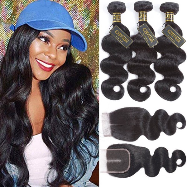 QTHAIR 12A Grade Brazilian Virgin Hair Body Wave 3 Bundles With Lace Closure Unprocessed Human Hair Extensions Weave Natural Color (12 14 14+10 Inch Closure, Middle Part)