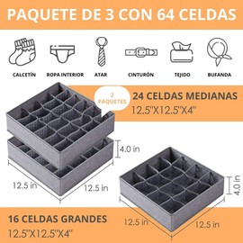Timotech Organizadores de Cajones con 64 celdas, Organizadores de Ropa Plegables para Closet, Cajas de Almacenamiento para Guardar Calcetines, Ropa interior o Corbatas (3 piezas) Gris