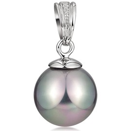 Materia # 240 25.5 mm Silver Grey Pearl Pendant with Cubic Zirconia Rhodium Plated Pendant Necklace with Box