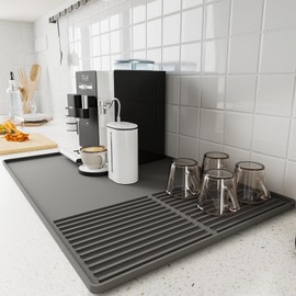 WUDIALIEN Silicone Coffee Mat with Raised Edges, 24'' x 16'' Bar Mat for Countertops, Fits Under Coffee Maker, Espresso Machine, Dish Drying Mat, Gray