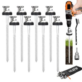 8 Pcs 10" Drillable Threaded Long Hook Top Packs Tent Stakes, Heavy Duty Hardened Steel Ground Pegs for Grassland Garden Tents Canopies Awnings Camping Travel (Hex Tool and Storage Bag)