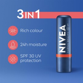 NIVEA Caring Beauty Coral Lip Balm SPF30 (4.8g), 3-in-1 Buttery Lip and Cheek Tint, Rich Colour and 24H Moisturisation with SPF 30 Protection