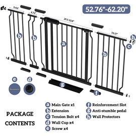 Foreng Extra Wide Baby Gates for Doorways 52.76"-62.20" Extra Wide Baby Gate Dog gate Pressure Mounted Walk Through Pet Gate Black