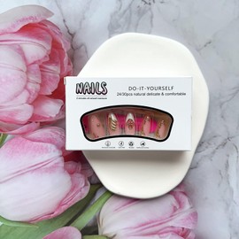 Flower Press on Nails Almond Fake Nails French Tip Glue on Nails with 3D Gold Lines Pink Flowers Pearls Design Full Cover Pink False Nails Glossy Spring Summer Acrylic Nails for Women Manicure