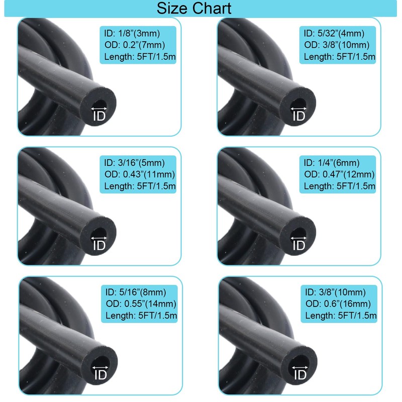 Silicone Vacuum Hose Kit 6PCS 5FT 1/8" 5/32" 3/16" 1/4"