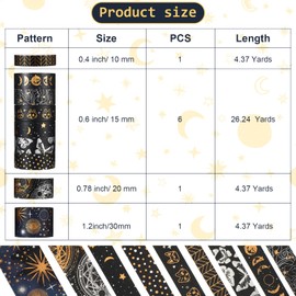 Washi Tape Set 9 Rolls Silver Gold Pattern Foil Masking Tape, Vintage Black Washi Tape Set Butterfly Star Moon Aesthetic Decorative for Journal, Arts, Book, Scrapbook, DIY Crafts and Gift Wrapping