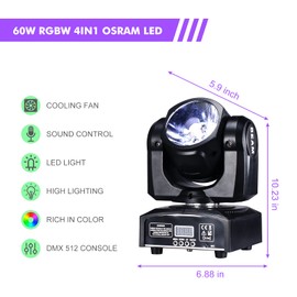 60W RGBW Beam Moving Head Light Super Bright LED Spot Light by DMX 512 Sound Activated Control for Live Show Disco Events Party Stages Lighting