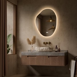 Keonjinn Irregular Backlit Mirror 24 x 30 Inch, Asymmetrical LED Bathroom Mirror with HD Tempered Glass, UL-Listed LED Driver, Stepless Dimmable with 3 Colors, Safe Defogging(Horizontal/Vertical)
