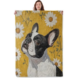 UNDAHIS Bulldog Daisy Blanket, Soft Warm Cozy Charming Puppy Dog Throw Blanket Gifts for Adults Kids Women, Lightweight Fuzzy Comfy Flannel Blankets for Couch, Travel, Bed, House Decor 60×50 Inch