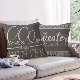 ULOVE LOVE YOURSELF 4Pack Hello Winter Throw Pillow Cover 18x18 Inches Grey Sweater Weather/Snowflake Christmas Decor Pillowcases Winter Holiday Decorative Cushion Covers for Sofa/Couch/Porch