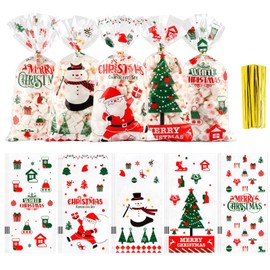 Plastic Candy Cookie Bags, 5 x 10 Inch with Twist Ties for Goodies 100 Pcs Christmas Holiday Xmas Party Favor Bags Supplies Present Gift Wrapper