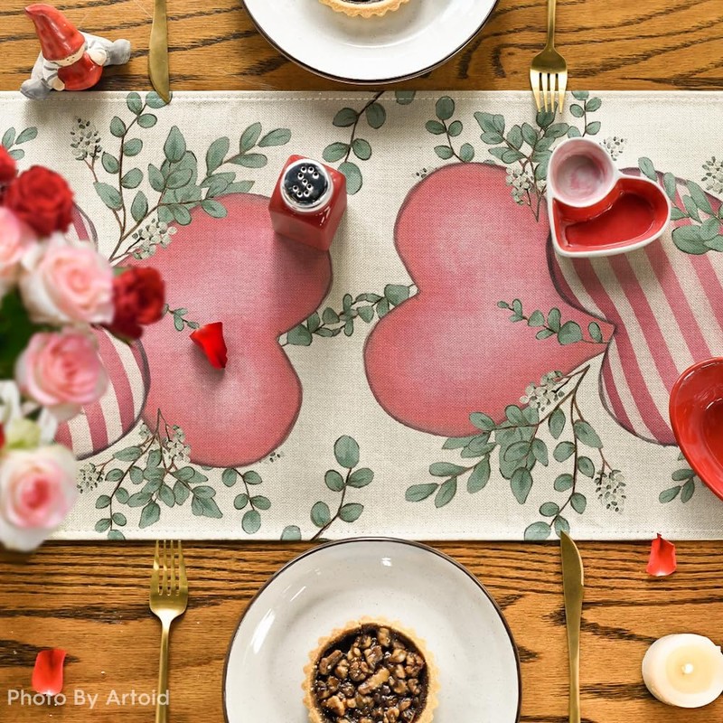 Artoid Mode Pink Eucalyptus Hearts Table Runner, Anniversary HoliKitchen Dining