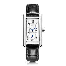 carlien Women Quartz Watch Lady Stylish Rectangle Dress Watch with Leather Strap and Sapphire Crown (Silver Black)